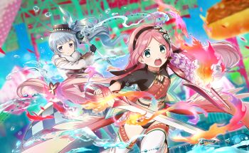 2girls ahoge aqua_eyes artist_request back_bow bare_shoulders bikini black_bikini black_boots black_bow black_coat black_gloves black_hairband black_shoes black_shrug blue_bow blue_hair boots bow bowler_hat brooch brown_hat brown_vest buttons checkered_coat closed_mouth clothing_cutout coat coattails collared_coat crescent detached_leggings diamond_earrings diamond_print dot_nose earrings eyelashes feet_out_of_frame fighting_stance fire floating_clothes floating_hair frilled_boots frilled_skirt frilled_sleeves frills frown fur_scarf game_cg gloves green_bow hair_bow hair_ornament hairband hat hat_feather heart heart_brooch heart_cutout heart_hair_ornament heart_print highres holding holding_scepter holding_shield holding_sword holding_weapon hydrokinesis ibuki_leila japanese_clothes jewelry kimono knee_boots kumi_seika large_bow leggings light_blush long_hair long_sleeves looking_at_viewer low-tied_long_hair low_twintails magia_record:_mahou_shoujo_madoka_magica_gaiden magical_girl mahou_shoujo_madoka_magica mahou_shoujo_madoka_magica_magia_exedra miniskirt multicolored_bow multiple_girls neck_ribbon obi official_art open_mouth outline pink_hair purple_eyes pyrokinesis red_bow red_kimono ribbon sash scarf scepter shield shoes short_kimono shoulder_cutout shrug_(clothing) side_ponytail single_earring skirt swimsuit sword tareme teeth three-quarter_sleeves twintails two-sided_coat two-sided_fabric upper_teeth_only v-shaped_eyebrows very_long_hair vest water water_drop wavy_hair weapon white_coat white_leggings white_outline white_scarf white_skirt witch&#039;s_labyrinth yellow_bow yellow_ribbon yellow_sash