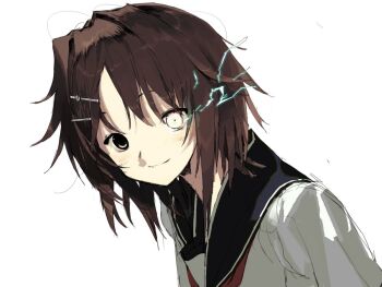 1girl bad_id bad_twitter_id black_sailor_collar brown_eyes brown_hair closed_mouth eye_trail furutaka_(kancolle) glowing glowing_eye hageshii_nakano hair_ornament hairclip heterochromia image_sample inactive_account kantai_collection light_trail looking_at_viewer neckerchief red_neckerchief sailor_collar school_uniform serafuku shirt short_hair simple_background smile solo twitter_sample upper_body white_background white_eyes white_shirt