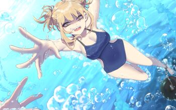 asphyxiation biru_saeika blonde_hair blunt_bangs boku_no_hero_academia breasts cleavage double_bun drowning hair_bun highres messy_hair sidelocks swimsuit toga_himiko underwater water yellow_eyes