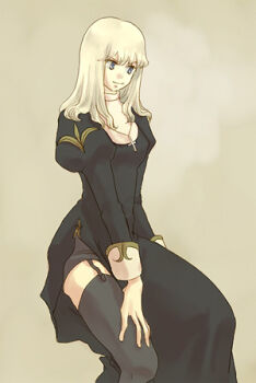 1girl black_dress black_thighhighs blonde_hair closed_mouth commentary_request cross cross_necklace dated_commentary dress feet_out_of_frame garter_straps grey_background hand_on_own_knee invisible_chair jewelry juliet_sleeves long_hair long_sleeves looking_afar lowres necklace oomojiya priest_(ragnarok_online) puffy_sleeves purple_eyes ragnarok_online side_slit simple_background sitting smile solo thighhighs
