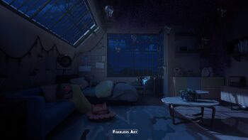 3d absurdres bed blanket blender_(medium) box carpet chair clothes_pin cloud commentary couch drawing english_commentary floor foxeleos highres indoors lamp light_bulb night nintendo_switch no_humans open_window original photoshop_(medium) pillow plant radio scenery shadow shelf sky spotlight statue stuffed_animal stuffed_toy table vines wall watermark window wooden_floor