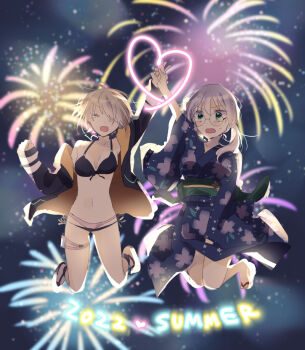 2girls aerial_fireworks commentary_request fireworks heart heaven_burns_red holding_hands izumi_yuki_(heaven_burns_red) japanese_clothes jumping kayamori_ruka kimono multiple_girls swimsuit uyuki_(ouun) yukata yuri