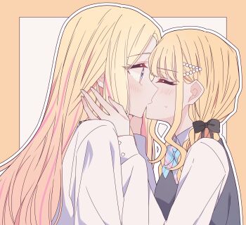 2girls black_bow blonde_hair blue_bow blue_bowtie blush border bow bowtie closed_eyes collared_shirt commentary fujita_kotone gakuen_idolmaster hair_bow hand_on_another&#039;s_neck highres idolmaster juo_sena kiss kousaka_0v0 long_hair long_sleeves multiple_girls outline outside_border pink_streaks purple_eyes school_uniform shirt simple_background sweat upper_body white_background white_outline white_shirt yellow_border yuri