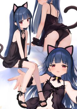 1girl absurdres animal_ear_hairband animal_ears ass babydoll bare_arms bare_shoulders bell black_babydoll black_choker black_ribbon black_tail black_wrist_cuffs blue_hair blunt_bangs cat_ear_hairband cat_ears cat_tail choker closed_mouth cowboy_shot dot_mouth dot_nose expressionless fake_animal_ears flat_chest frilled_thigh_strap from_above from_behind hairband hands_on_lap highres idolmaster idolmaster_cinderella_girls invisible_chair jia_wenyuan jingle_bell lace-trimmed_babydoll lace_trim light_blush long_hair looking_at_viewer lying multiple_views navel neck_bell on_back reaching reaching_towards_viewer red_eyes ribbon ribbon_choker sajo_yukimi simple_background sitting solo spaghetti_strap straight_hair tail thigh_strap white_background wrist_cuffs