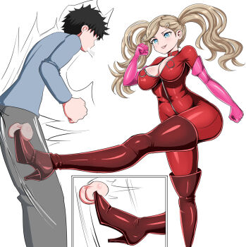 1boy 1girl ball_busting blue_shirt bodysuit boots collar crotch_kick gloves grey_pants hair_ornament hairclip high_heels highres pakku_(artist) pants pink_gloves red_bodysuit red_boots red_collar shirt takamaki_anne testicles thigh_boots twintails x-ray zipper