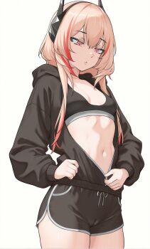 black_hoodie black_shorts blonde_hair breasts breasts_apart cameltoe commentary cowboy_shot dolphin_shorts english_commentary gd146 girls'_frontline girls'_frontline_2:_exilium headphones highres hood hoodie long_sleeves looking_down m4_sopmod_ii_(girls'_frontline) multicolored_hair narrowed_eyes navel paid_reward_available parted_lips partially_unzipped red_eyes red_hair short_hair_with_long_locks short_shorts shorts simple_background small_breasts sports_bra standing stomach streaked_hair thighs toned toned_female unzipping white_background