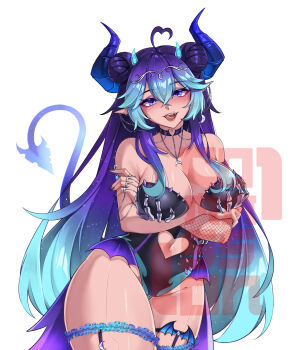1girl absurdres ahoge android arms_under_breasts azuri909 black_choker black_leotard blue_eyes blue_hair breasts calcestia_(vtuber) choker clothing_cutout commentary commission cowboy_shot crossed_arms crossed_bangs curvy demon_girl demon_horns demon_tail double-parted_bangs double_bun ear_piercing english_commentary gradient_hair hair_between_eyes hair_bun headpiece heart heart_ahoge heart_cutout highres horns indie_virtual_youtuber jewelry large_breasts leotard long_hair looking_at_viewer makeup multicolored_hair multiple_rings navel_cutout necklace open_mouth piercing purple_hair ring simple_background smile solo tail tongue tongue_out vgen_commission virtual_youtuber watermark white_background wide_hips
