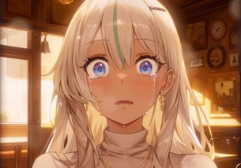 1girl analog_clock bell blue_eyes blush brown_dust_(series) brown_dust_2 cafe clock close-up crying crying_with_eyes_open dark-skinned_female dark_skin ear_piercing earrings hair_between_eyes hair_ornament hairclip highres jewelry long_hair looking_at_viewer nebris_(brown_dust_2) nebris_(new_hire)_(brown_dust_2) necklace official_art open_mouth painting_(object) piercing second-party_source solo sunset sweater tears upper_body wavy_eyes white_hair white_sweater