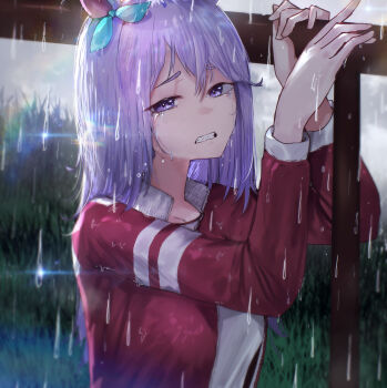 1girl absurdres advarcher animal_ears blue_bow bow clenched_teeth crying crying_with_eyes_open ear_bow highres horse_ears horse_girl jacket long_hair looking_at_viewer mejiro_mcqueen_(umamusume) purple_eyes purple_hair rain red_jacket shirt solo tears teeth umamusume white_shirt