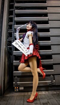 absurdres bishoujo_senshi_sailor_moon blue_eyes cosplay high_heels highres hino_rei kyoko legs photo_(medium) red_earrings sailor_mars sailor_mars_(cosplay)