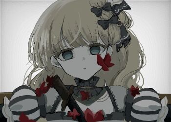1girl black_bow blonde_hair blue_eyes blunt_bangs bow bug butterfly chimono choker commentary_request empty_eyes frilled_choker frills hair_bow impaled insect long_hair looking_at_viewer mahou_shoujo_no_majo_saiban red_butterfly saeki_miria solo spoilers upper_body