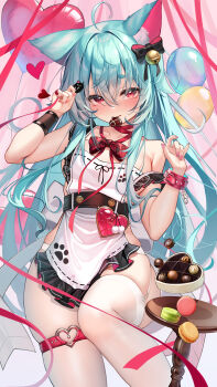 1girl absurdres ahoge animal_ears apron aqua_hair bare_shoulders belt bow bowtie breasts cat_ears chocolate choker food frills garter_straps hair_bow hands_up highres indie_virtual_youtuber long_hair looking_at_viewer macaron medium_breasts meion nail_polish pantyhose pink_nails red_choker red_eyes sideless_outfit single_leg_pantyhose single_thighhigh skindentation solo taffy_nekuma thick_eyebrows thigh_strap thighhighs very_long_hair virtual_youtuber white_apron white_pantyhose white_thighhighs wristband