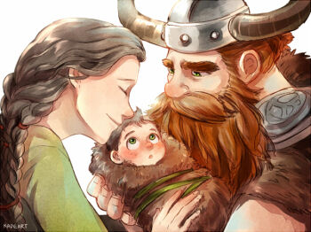 1girl 2boys artist_name baby beard big_nose black_hair blush braid braided_beard carrying carrying_baby carrying_person facial_hair fake_horns family freckles full_beard green_eyes helmet hiccup_horrendous_haddock_iii horned_helmet horns how_to_train_your_dragon_(series) kadeart looking_at_another multiple_boys open_mouth orange_hair smile stoick_the_vast valka_haddock viking