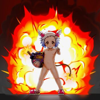 1girl blush_stickers bomb bombergirl bomberman brown_tail character_hair_ornament cleft_of_venus collarbone completely_nude explosion explosive female_focus flat_chest frostyneko fuse fuse_tail hair_bobbles hair_ornament highres holding holding_bomb lit_fuse loli looking_at_viewer naked_footwear navel nipples nude pussy shiron_(bombergirl) smile solo tail textless_version two_side_up uncensored v white_bomberman white_hair yellow_eyes