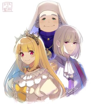 1girl 2boys ascot blonde_hair cecilia_adelbide closed_mouth commentary_request curly_hair dominic_hamsworth dress enrique_adelbide epaulettes eris_no_seihai fringe_trim green_eyes grey_hair jewelry looking_at_viewer multiple_boys necklace pendant red_eyes shirt signature simple_background single_epaulette smile tiara upper_body white_ascot white_background white_dress white_shirt yuunagi_(seventh_heaven)