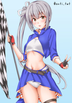 1girl akigumo_(kancolle) akigumo_kai_ni_(kancolle) akigumo_kai_ni_(race_queen)_(kancolle) alternate_costume anti_(untea9) belt blue_background blue_jacket blush breasts brown_eyes buruma checkered_flag cowboy_shot cropped_jacket fingerless_gloves flag gloves grey_hair hair_ribbon highres holding holding_flag jacket kantai_collection kasumi_(kancolle) long_hair looking_at_viewer open_mouth ponytail race_flag race_queen ribbon side_ponytail skirt solo twitter_username white_buruma