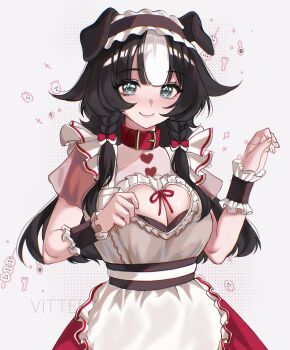 1girl absurdres animal_collar animal_ears apron artist_name bibi_biscuit black_hair black_wrist_cuffs bow braid breasts cleavage_cutout closed_mouth clothing_cutout collar commentary dog_ears dog_girl english_commentary frilled_wrist_cuffs frills hair_bow heart_cutout highres multicolored_hair phase_connect red_bow red_collar red_skirt skirt smile solo two-tone_hair virtual_youtuber vitter white_apron white_hair wrist_cuffs