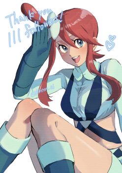 Rule 34 | 1girl, artist name, bintoro 06, blue boots, blue eyes, blue gloves, blue jacket, blue shorts, boots, breasts, commentary request, crop top, cropped jacket, gloves, highres, jacket, knee boots, knees together feet apart, large breasts, long hair, midriff, nintendo, one side up, open mouth, pokemon, pokemon bw, red hair, salute, short hair with long locks, short shorts, shorts, sidelocks, skyla (pokemon), smile, solo, teeth, twitter username, upper teeth only, white background