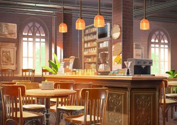 absurdres brick_wall cafe chair clock coffee_maker commentary_request day hanging_light highres interior jar koyama_satsuki no_humans original plate poster_(object) protected_link scenery shelf table television wall_clock window