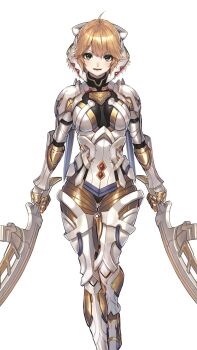 1girl absurdres ahoge armor blonde_hair breasts cyborg dual_wielding fiora_(xenoblade) green_eyes hakusai_(hksicabb) highres holding holding_sword holding_weapon joints mecha-fiora medium_breasts robot_joints short_hair smile solo sword weapon xenoblade_chronicles_(series) xenoblade_chronicles_1