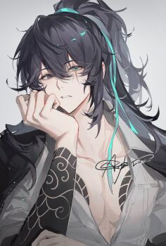 Rule 34 | 1boy, absurdres, aqua eyes, aqua ribbon, arm tattoo, asyker, black eyes, black hair, chest tattoo, cloud tattoo, collared shirt, grey background, hair between eyes, hair ribbon, hand on own cheek, hand on own face, heterochromia, high ponytail, highres, hong lu (project moon), jacket, jacket on shoulders, kurokumo clan (identity) (project moon), limbus company, long hair, looking at viewer, male focus, open clothes, parted lips, partially unbuttoned, pectoral cleavage, pectorals, ponytail, project moon, ribbon, scar, scar across eye, scar on face, shirt, signature, simple background, solo, tattoo, upper body, white shirt
