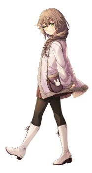 Rule 34 | 1girl, akatsuki no kiseki, arms behind back, black pantyhose, boots, braid, braided ponytail, brown hair, brown skirt, closed mouth, coat, eiyuu densetsu, from side, green eyes, grey coat, hair between eyes, hair ornament, hair over shoulder, highres, jpeg artifacts, long hair, long sleeves, looking at viewer, miniskirt, official art, open clothes, open coat, pantyhose, pleated skirt, sen no kiseki (series), sen no kiseki i, simple background, single braid, skirt, smile, solo, tachi-e, third-party source, towa herschel, walking, white background, white boots, x hair ornament