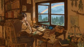 1boy absurdly_detailed_composition after_rain black_pants book book_stack bookshelf bottle chair fantasy globe hand_on_own_chin highres indoors inkwell lamp loaded_interior looking_outside male_focus original pants port_(portzzz) potion procreate_(medium) profile quill rainbow scenery shirt sitting sky slice_of_life solo table vest weighing_scale white_shirt window wizard