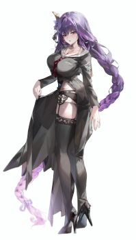 Rule 34 | 1girl, absurdres, alternate breast size (larger), alternate costume, ass, black footwear, black garter belt, black panties, black serafuku, black skirt, black thighhighs, blue archive, blush, bow, braid, breasts, chun nam, cleavage, clothes lift, collarbone, commentary, cosplay, flower, from behind, full body, garter belt, genshin impact, hair bow, hair flower, hair ornament, hasumi (blue archive), hasumi (blue archive) (cosplay), high heels, highres, huge breasts, lace, lace-trimmed thighhighs, lace trim, lingerie, long hair, long skirt, looking at viewer, low-braided long hair, low-tied long hair, necktie, open mouth, panties, purple bow, purple eyes, purple flower, purple hair, raiden shogun, red necktie, sailor collar, school uniform, serafuku, side slit, simple background, skirt, skirt lift, solo, standing, symbol-only commentary, thighhighs, thighs, underwear, very long hair, white background, white sailor collar