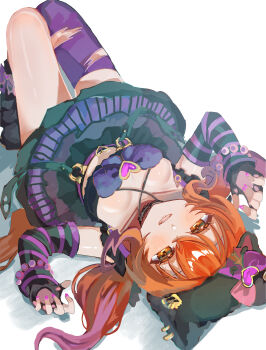 1girl absurdres animal_ear_headwear arm_warmers bead_bracelet beads blush bracelet breasts claw_pose commentary_request crop_top ears_under_headwear fake_animal_ears fingernails hair_between_eyes highres horse_girl horse_tail jack-o'-lantern_hat_ornament jewelry knees_up long_hair looking_at_viewer low_twintails lying mayano_top_gun_(rockin'_mewmeow)_(umamusume) mayano_top_gun_(umamusume) midriff nail_polish official_alternate_costume official_alternate_hairstyle on_back open_mouth orange_eyes orange_hair orange_tail pink_hair purple_nails purple_thighhighs simple_background single_thighhigh small_breasts smile solo striped_arm_warmers tail thighhighs thighs torn_clothes torn_thighhighs twintails umamusume upside-down user_kzht4872 white_background