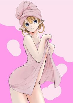 Rule 34 | 1girl, bare shoulders, blue eyes, breasts, closed mouth, colored eyelashes, commentary request, covering privates, dungeon ni deai wo motomeru no wa machigatteiru darou ka, elf, hair between eyes, hands up, highres, lefiya viridis, medium breasts, naked towel, orange hair, pink background, pointy ears, short hair, smile, solo, standing, sweat, towel, towel on head, yagi takashi