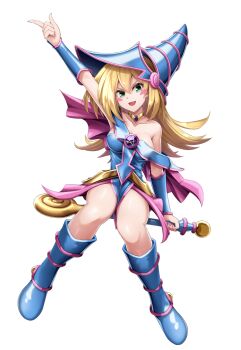 &gt;:p 1girl arm_up bare_shoulders blonde_hair blush_stickers boots breasts cleavage collarbone dark_magician_girl dress duel_monster full_body green_eyes hair_between_eyes hat highres holding holding_wand long_hair looking_at_viewer medium_breasts nokia_(nm) off_shoulder open_mouth pelvic_curtain pentacle pentagram simple_background sitting smile solo v-shaped_eyebrows wand white_background wizard_hat yu-gi-oh! yu-gi-oh!_master_duel