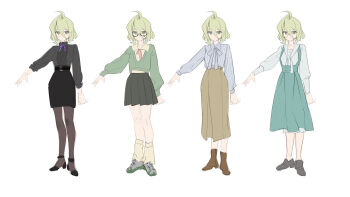 1girl absurdres ahoge alternate_costume aqua_skirt artist_collaboration black_pantyhose black_shirt black_shoes black_skirt breasts brown_skirt center_frills commentary english_commentary frills glasses green_hair green_shirt green_skirt grey_ribbon grey_shirt grey_shoes hair_between_eyes high_heels highres honkai_(series) honkai_impact_3rd klein_(honkai_impact) long_skirt long_sleeves medium_breasts multiple_views neck_ribbon pantyhose reference_sheet ribbon sang_sha shirt shirt_tucked_in shoes short_hair simple_background sketch skirt suspender_skirt suspenders white_background zelian