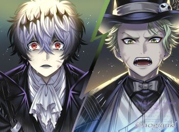 2boys aogiyuki black_crown crown diamond_hairband formal_clothes gloves highres long_sleeves looking_at_viewer male_focus multiple_boys pinstripe_pattern pinstripe_suit pinstripe_vest round_eyewear sebek_zigvolt short_hair skeleton_print skully_j._graves striped_clothes suit the_nightmare_before_christmas twisted_wonderland vest