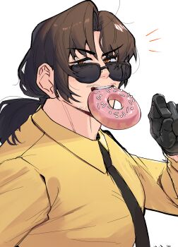 1boy ^^^ absurdres alternate_costume beard_stubble biting black-framed_eyewear black-framed_glasses black_gloves black_necktie blush brown_hair collared_shirt donut dress_shirt eyes_visible_through_hair facial_hair food food_in_mouth formal_clothes from_side glasses gloves gregor_(project_moon) grin hair_between_eyes half-closed_eyes hand_up highres holding holding_food limbus_company long_hair long_sleeves looking_at_viewer looking_to_the_side low_ponytail male_focus mouth_hold muscular muscular_male necktie notice_lines open_mouth parted_bangs pastry ponytail portrait project_moon shirt simple_background sleeves_rolled_up smile smirk smug solo stubble sunglasses teeth thick_eyebrows upper_body upper_teeth_only v-shaped_eyebrows white_background yellow_shirt