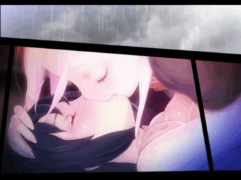 2girls animated animated_gif black_hair blush breast_press breasts embarrassed french_kiss green_eyes hug kanzaki_itsuki katerina_(rondo_duo) kiss large_breasts lowres multiple_girls open_mouth patting pink_hair purple_eyes rain rondo_duo tinkle_bell tongue twintails yuri