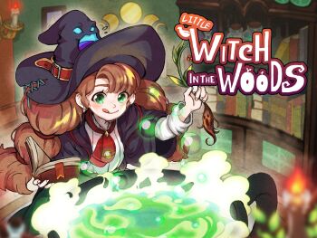 1girl ascot black_robe book bookmark bookshelf bottle braid brown_hair bubble cabinet candle cauldron commentary copyright_name ellie_blueriver green_eyes hairband hat highres korean_commentary leaf little_witch_in_the_woods long_hair mandrake official_art picture_frame potion robe shirt smoke stitches talking_hat twin_braids witch witch_hat