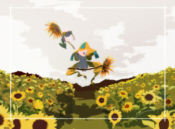 1girl 1other colored_skin commentary field floating floette flower flower_field full_body gen_2_pokemon gen_3_pokemon gen_6_pokemon grey_eyes highres holding holding_flower isutai jirachi legendary_pokemon looking_at_another mythical_pokemon nintendo open_mouth other_focus outdoors pokemon pokemon_(creature) sunflora sunflower sunflower_field sunkern symbol-only_commentary tanzaku white_skin