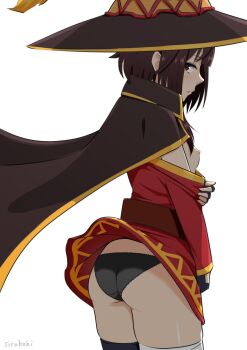 1girl asymmetrical_legwear bandaged_leg bandages belt black_cloak black_panties blush breasts breasts_out brown_belt brown_hair cloak clothes_lift dress female_focus fingerless_gloves flat_chest gloves gluteal_fold gold_trim highres kono_subarashii_sekai_ni_shukufuku_wo! loli looking_at_viewer looking_back megumin mismatched_legwear off_shoulder panties red_dress red_eyes sidelocks simple_background single_bare_shoulder sirokohi small_breasts solo underwear white_background wind wind_lift