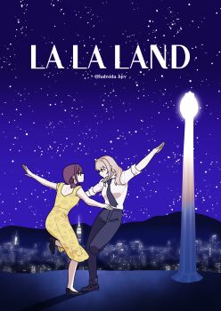 Rule 34 | 2girls, absurdres, animal ears, black footwear, black necktie, black pants, blue eyes, brown hair, closed mouth, collared shirt, commentary, dancing, dress, girls band cry, grey hair, habsida (habsida hpy), highres, iseri nina, kawaragi momoka, la la land, long hair, movie poster (medium), multiple girls, necktie, night, outdoors, pants, parody, shirt, short twintails, sky, sleeves rolled up, smile, star (sky), starry sky, twintails, twitter username, white shirt, yellow dress, yuri