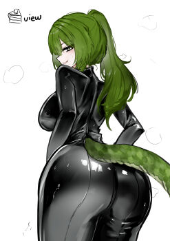 1girl absurdres arknights arknights:_endfield ass black_bodysuit bodysuit breasts fluorite_(arknights) from_below green_eyes green_hair highres large_breasts latex latex_bodysuit lizard_tail long_hair looking_at_viewer looking_back ponytail simple_background steaming_body sweat tail wawamachi white_background