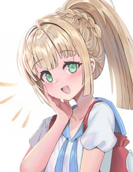 1girl :d absurdres backpack bag blonde_hair blush collarbone commentary_request ento_(user_jjce7387) eyelashes green_eyes hand_on_own_cheek hand_on_own_face hand_up happy highres lillie_(pokemon) long_hair looking_at_viewer nintendo open_mouth pokemon pokemon_sm ponytail red_bag shirt short_sleeves simple_background smile solo upper_body white_background white_shirt