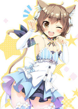 10s 1boy :d ^^^ ahoge androgynous animal_ears arm_ribbon armpits arms_up bad_id bad_pixiv_id bare_shoulders blue_bow blue_neckwear blue_ribbon blue_thighhighs blush bolo_tie bow brown_eyes brown_hair cat_boy cat_ears cat_tail choker collarbone commentary_request cowboy_shot detached_sleeves diagonal_stripes dot_nose dress dress_bow eyes_visible_through_hair felix_argyle fingernails frills hair_between_eyes hair_bow jewelry lace-trimmed_sleeves lace_trim large_bow leaning_forward looking_at_viewer male_focus maruchan. one_eye_closed open_mouth parted_bangs paw_pose pendant re:zero_kara_hajimeru_isekai_seikatsu ribbon round_teeth shapes shiny_skin short_eyebrows silhouette simple_background smile solo spaghetti_strap square standing star_(symbol) striped_bow striped_clothes striped_dress striped_thighhighs tail teeth thick_eyebrows thighhighs trap vertical-striped_clothes vertical-striped_dress vertical-striped_thighhighs white_background white_bow