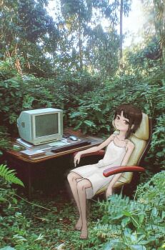 1girl asymmetrical_hair barefoot brown_eyes brown_hair chair closed_mouth collarbone commentary computer_keyboard computer_mouse day desk dress english_commentary forest highres iwakura_lain looking_at_viewer monitor nature outdoors photo_background serial_experiments_lain sitting solo sundress swivel_chair tree white_dress yuroroo