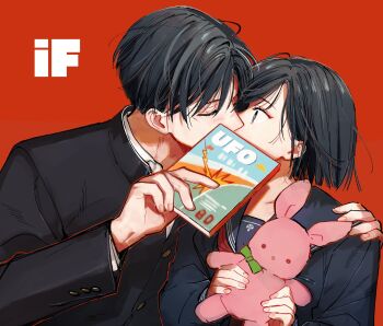 1boy 1girl arm_around_shoulder black_hair black_jacket black_sailor_collar black_serafuku black_shirt closed_eyes collared_shirt commentary couple facial_scar fox_mask_(silent_hill) gakuran hair_between_eyes hetero highres holding holding_stuffed_toy jacket kiss moochi_zatsu necktie red_background red_necktie sailor_collar scar scar_on_cheek scar_on_face school school_uniform serafuku shimizu_hinako shirt short_hair silent_hill_(series) silent_hill_f stuffed_animal stuffed_rabbit stuffed_toy symbol-only_commentary upper_body white_shirt wide-eyed