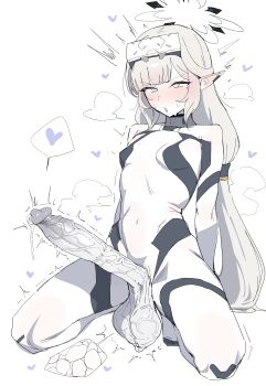 1girl absurdres arms_behind_back black_halo blue_archive blush bodysuit breasts commentary_request erection futanari halo head-mounted_display heart highres himari_(blue_archive) himari_(bodysuit)_(blue_archive) huge_penis huge_testicles kneeling korean_commentary long_hair mole mole_under_eye penis pointy_ears precum simple_background small_breasts solo sperm_cell spoken_heart squatting testicles uncensored veins veiny_penis very_long_hair white_background white_bodysuit white_hair white_halo xipa