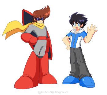 2boys absurdres black_hair black_pants blue_eyes blue_jacket brown_hair cargo_pants commentary english_commentary highres hood hooded_jacket jacket male_focus mega_man_(character) mega_man_(classic) mega_man_(series) multiple_boys open_mouth pants proto_man retro_fighting_robot scarf shield shield_on_back short_hair simple_background smile standing sunglasses white_background white_jacket yellow_scarf