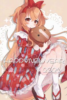 1girl animal_ears blush bow closed_mouth dress frills hair_between_eyes hair_bow horse_ears horse_girl horse_tail hugging_doll hugging_object long_hair long_sleeves looking_at_viewer mayano_top_gun_(racehorse) mayano_top_gun_(umamusume) orange_eyes orange_hair potarou_pomi red_bow red_dress sandals smile socks stuffed_animal stuffed_toy tail two_side_up umamusume very_long_hair white_socks