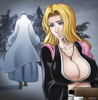 1boy 1girl arms_under_breasts artist_name bleach blonde_hair blue_eyes breasts chain chain_necklace cleavage collarbone crossed_arms green_hair highres ichimaru_gin ivizard_art93 jewelry large_breasts long_hair matsumoto_rangiku mole mole_under_mouth necklace parted_lips pink_shawl remembering shawl shihakusho short_hair standing tree walking