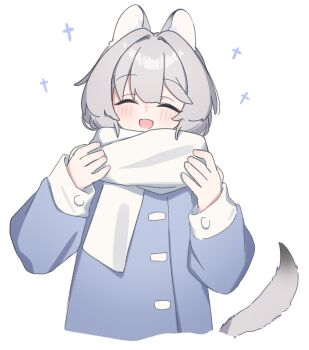 1girl :d ^_^ animal_ears blue_jacket blush closed_eyes commentary cropped_torso facing_viewer grey_hair hands_up highres jacket long_sleeves open_mouth original riya_(01214) scarf simple_background sleeves_past_wrists smile solo symbol-only_commentary tail upper_body white_background white_scarf wolf_ears wolf_girl wolf_tail