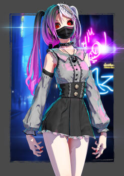 1girl 3d bare_shoulders black_choker black_skirt buttons calne_ca_(deino) choker cowboy_shot deino_(deino3330) detached_sleeves earrings frilled_shirt frilled_skirt frills gradient_hair grey_shirt heterochromia high-waist_skirt highres jewelry jirai_kei long_hair looking_at_viewer mask miniskirt mouth_mask multicolored_hair nail_polish nato-kun necklace neon_lights original pink_hair purple_hair red_eyes red_nails shirt skirt skull_necklace solo standing twintails
